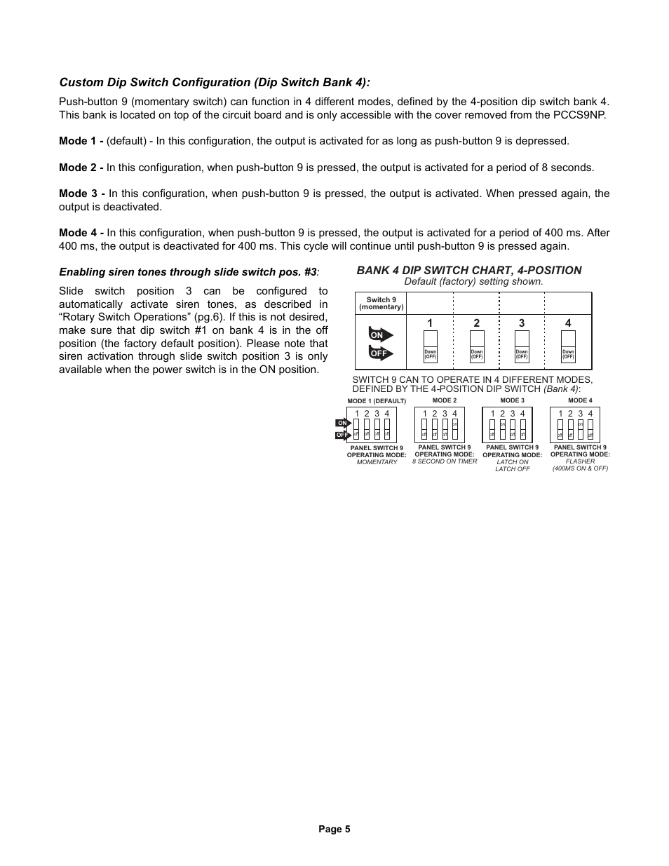 Bank 4 , -position dip switch chart 4, Page 5, Default (factory) setting shown | Whelen 295HFSA5 User Manual | Page 5 / 8