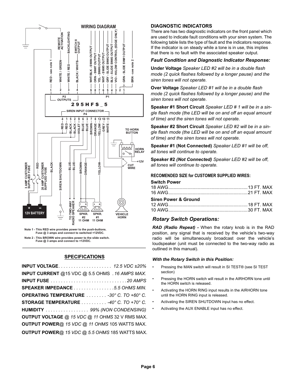 Rotary switch operations, Wiring diagram, 2 9 5 h f s _ 5 | Diagnostic indicators, Fault condition and diagnostic indicator response, Specifications, Page 6 | Whelen 295HFSA5 User Manual | Page 6 / 8