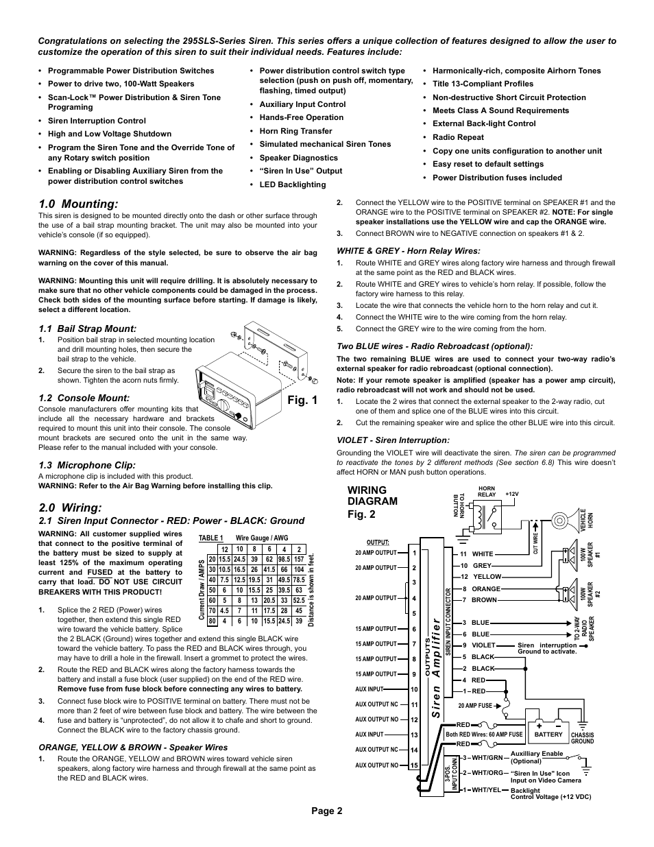 Fig. 1 1.0 mounting, 0 wiring, Wiring diagram | Siren amplifier, Fig. 2, Page 2, 1 bail strap mount, 2 console mount, 3 microphone clip | Whelen 295SLSA6 User Manual | Page 2 / 6