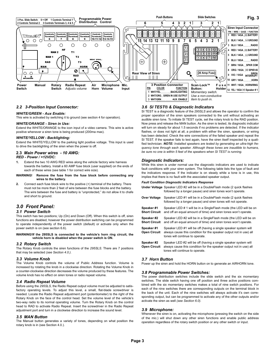 0 front panel, Fig. 3, Page 3 | 2 3-position input connector, 3 main power wires - 10 awg, 1 power switch, 2 rotary switch, 3 volume knob, 4 radio repeat volume, 5 man button | Whelen 295SLSA6 User Manual | Page 3 / 6