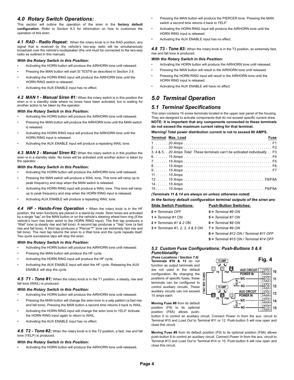 0 terminal operation, Fig. 4, 0 rotary switch operations | 1 terminal specifications | Whelen 295SLSA6 User Manual | Page 4 / 6