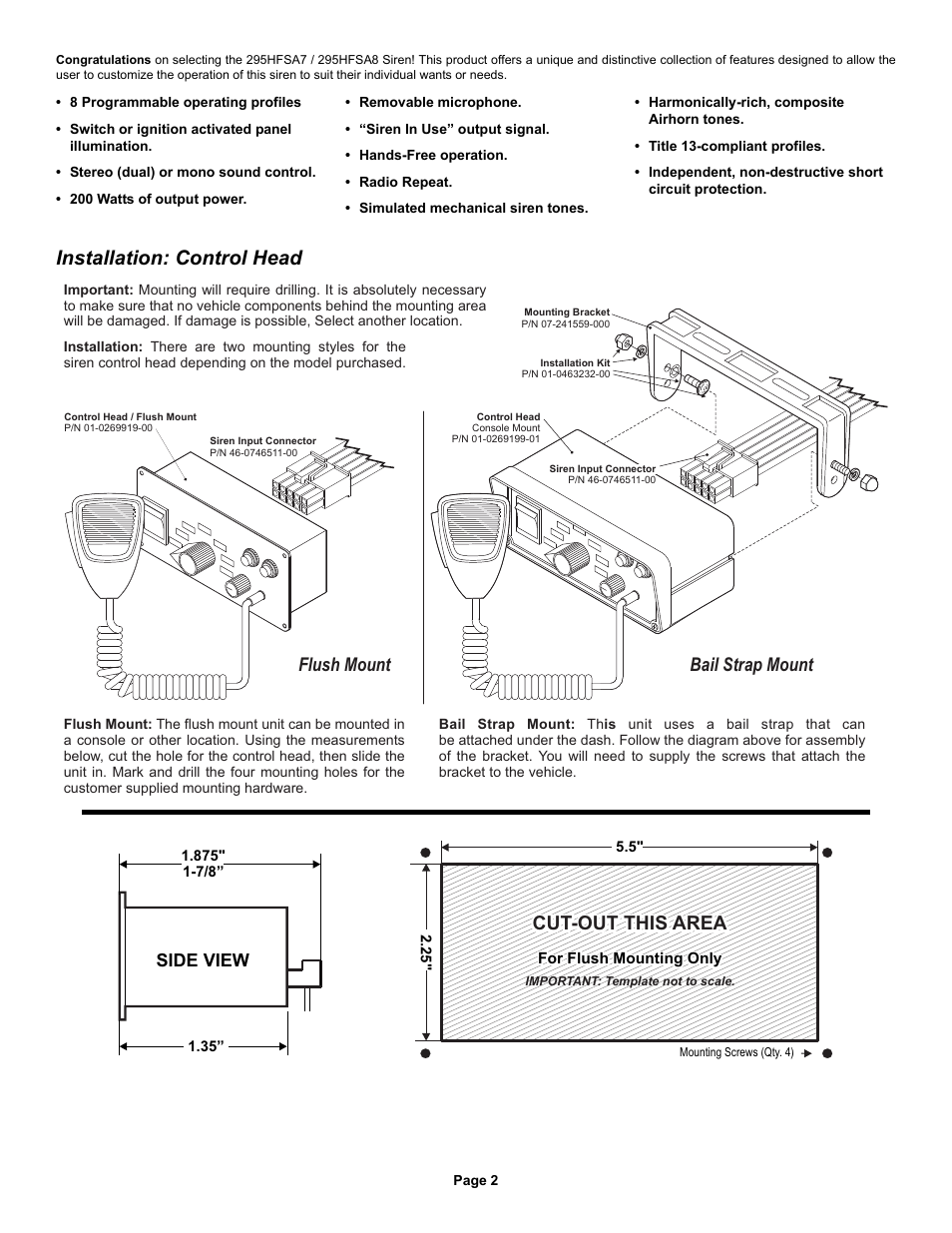 Installation: control head, Cut-out this area, Flush mount | Bail strap mount, Side view | Whelen 295HFSA7 User Manual | Page 2 / 8