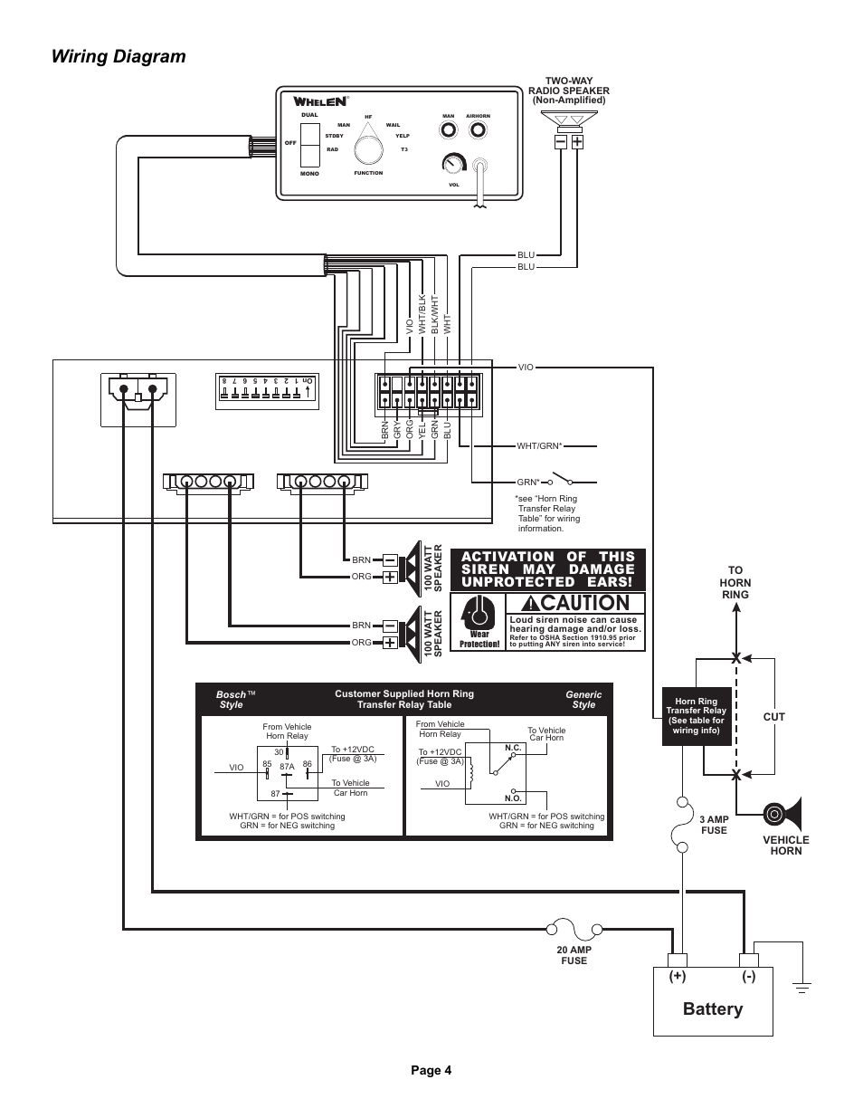 Caution, Wiring diagram, Battery | Page 4 | Whelen 295HFSA7 User Manual | Page 4 / 8