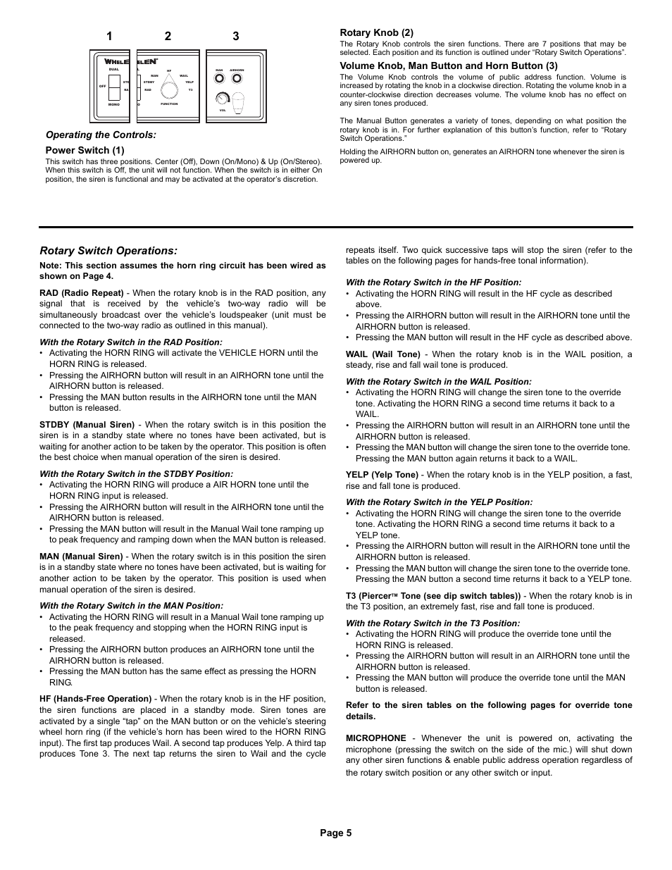 Rotary switch operations, Page 5, Operating the controls: power switch (1) | Rotary knob (2), Volume knob, man button and horn button (3) | Whelen 295HFSA7 User Manual | Page 5 / 8