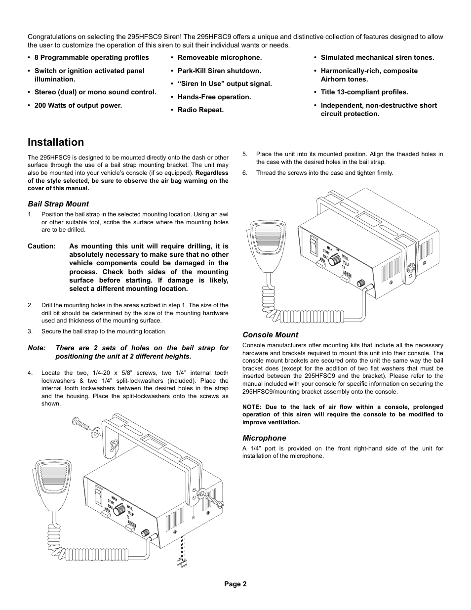 Installation | Whelen 295HFSC9 User Manual | Page 2 / 8