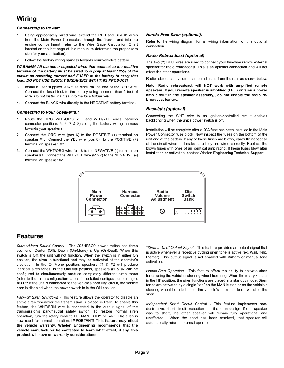 Wiring, Features | Whelen 295HFSC9 User Manual | Page 3 / 8