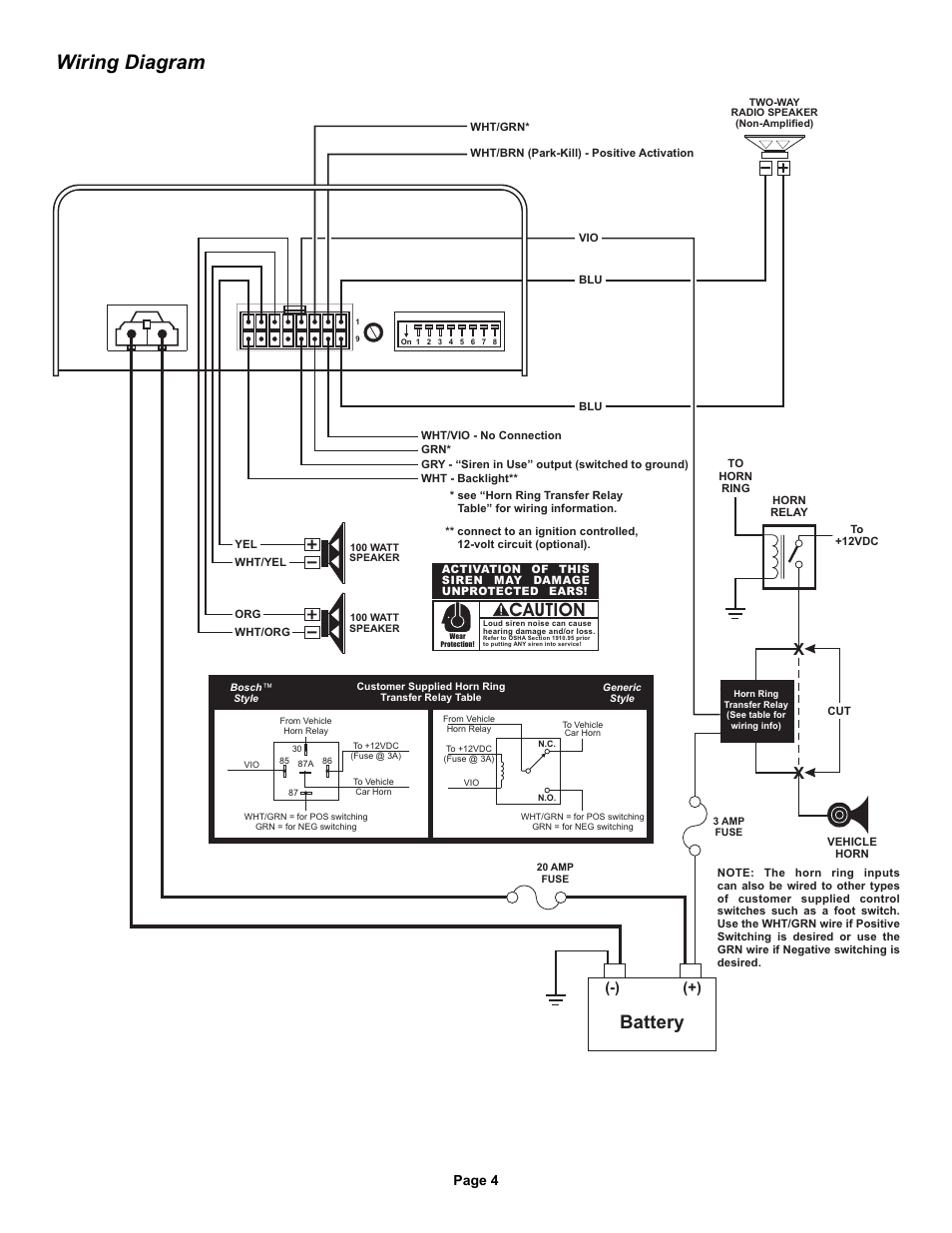 Wiring diagram, Caution, Battery | Page 4 | Whelen 295HFSC9 User Manual | Page 4 / 8