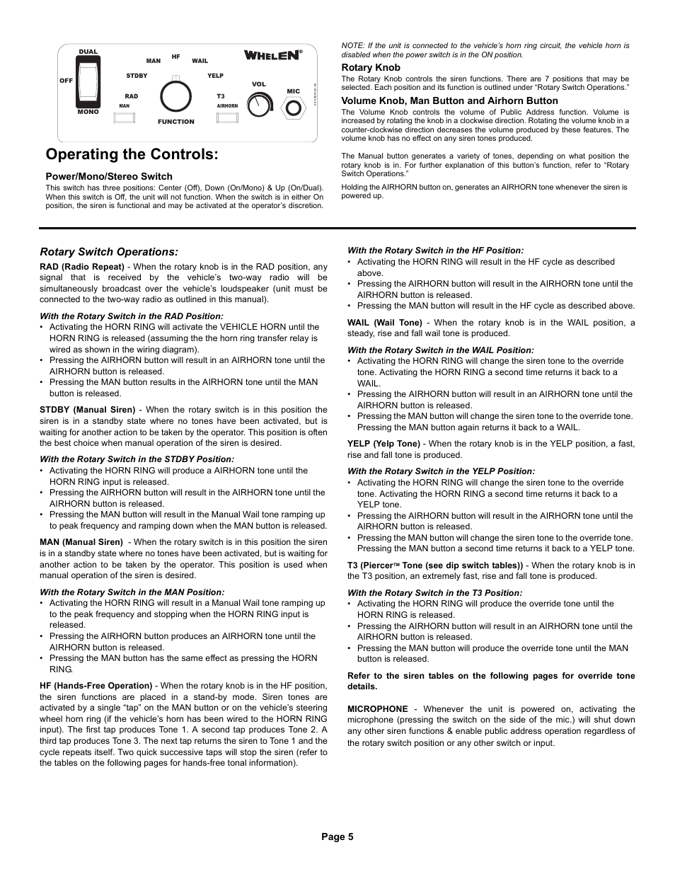 Operating the controls, Rotary switch operations | Whelen 295HFSC9 User Manual | Page 5 / 8