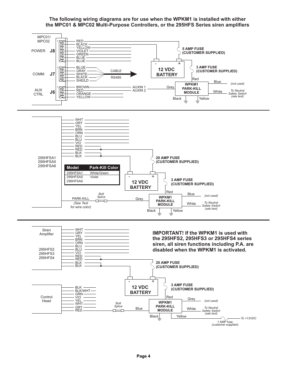 12 vdc battery + - 12 vdc battery, J8 j7 j6, 12 vdc battery | Whelen WPKM1 User Manual | Page 4 / 4