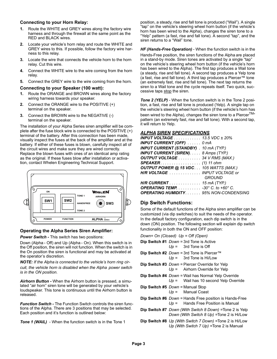 Dip switch functions | Whelen ALPHA12S User Manual | Page 3 / 3