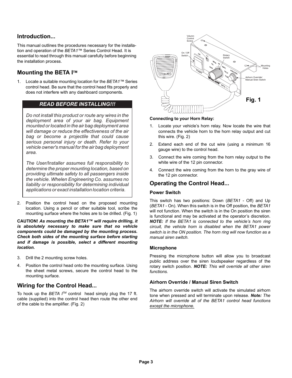 Introduction, Mounting the beta i, Operating the control head | Fig. 1, Wiring for the control head, Read before installing, Power switch, Microphone, Airhorn override / manual siren switch | Whelen BETA1 User Manual | Page 3 / 4