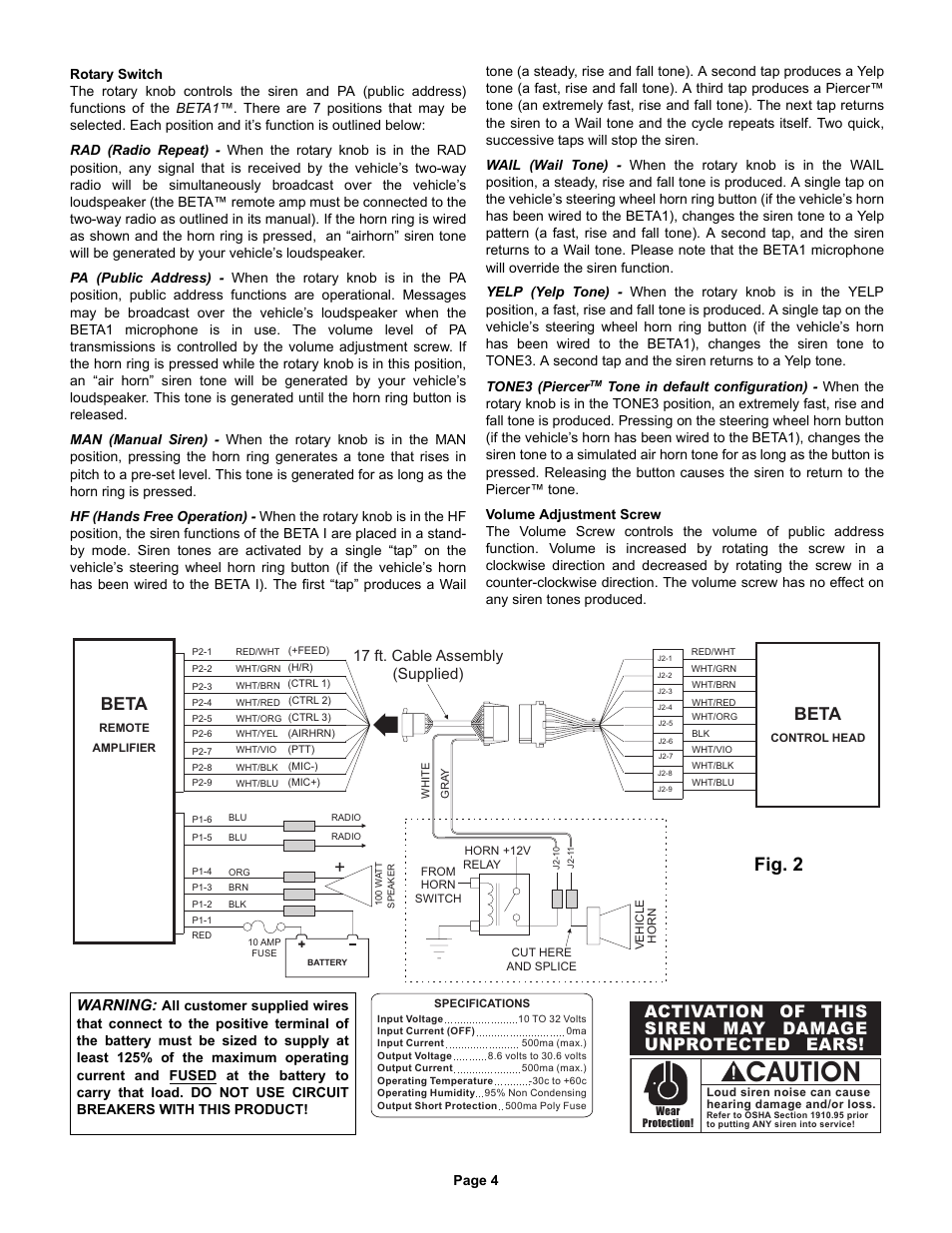 Caution, Fig. 2, Beta | 17 ft. cable assembly (supplied), Warning | Whelen BETA1 User Manual | Page 4 / 4