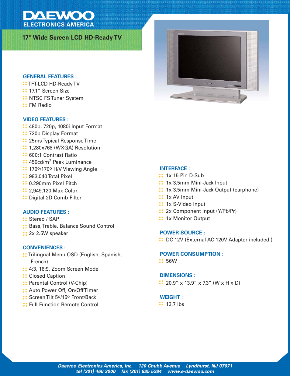 17” wide screen lcd hd-ready tv | Daewoo DSL-17DW3 User Manual | Page 2 / 2