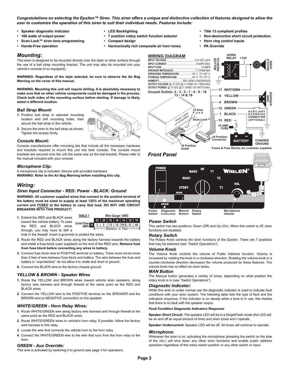 Mounting, Wiring, Front panel | Page 2, Bail strap mount, Console mount, Microphone clip, Siren input connector - red: power - black: ground, Yellow & brown - speaker wires, White/green - horn relay wires | Whelen EPSL1 User Manual | Page 2 / 3