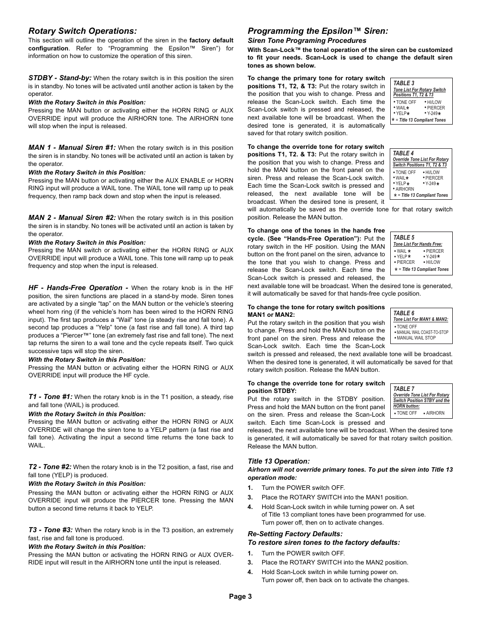 Rotary switch operations, Programming the epsilon™ siren | Whelen EPSL1 User Manual | Page 3 / 3