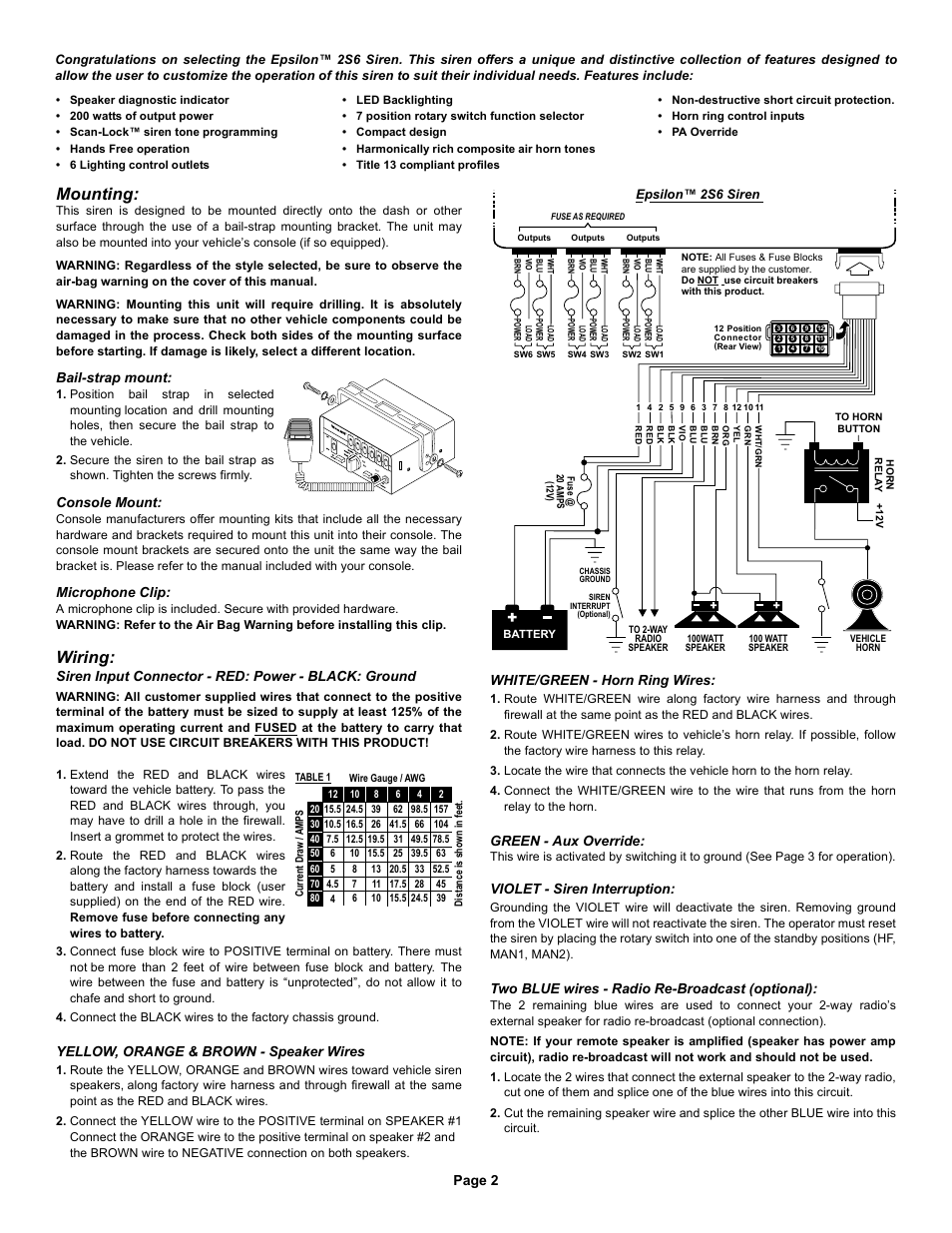 Mounting, Wiring, Page 2 vo l 5 6 | Bail-strap mount, Console mount, Microphone clip, Siren input connector - red: power - black: ground, Yellow, orange & brown - speaker wires, White/green - horn ring wires, Green - aux override | Whelen EPSL2S6 User Manual | Page 2 / 4