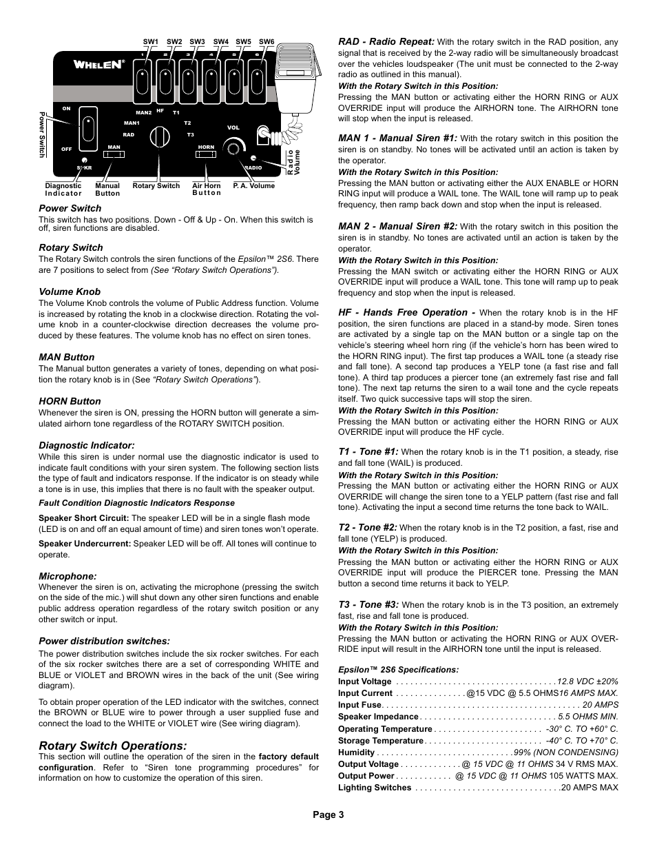 Rotary switch operations | Whelen EPSL2S6 User Manual | Page 3 / 4