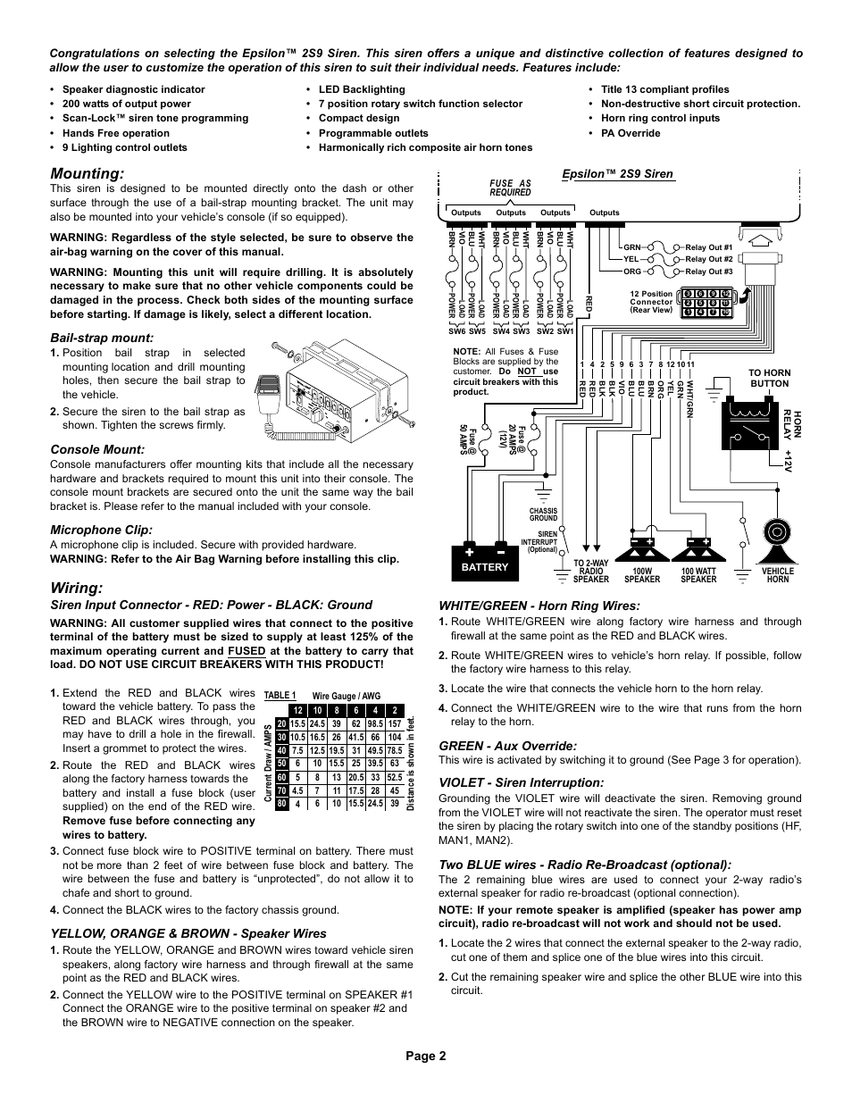 Mounting, Wiring, Page 2 vo l | Bail-strap mount, Console mount, Microphone clip, Siren input connector - red: power - black: ground, Yellow, orange & brown - speaker wires, White/green - horn ring wires, Green - aux override | Whelen EPSL2S9 User Manual | Page 2 / 4