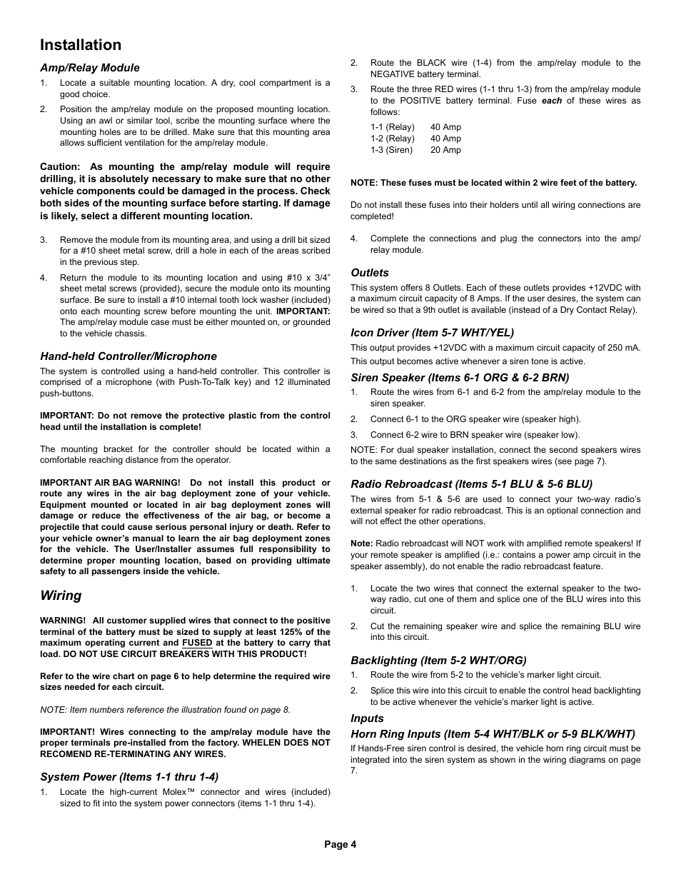 Installation, Wiring | Whelen HHS2200 User Manual | Page 4 / 8