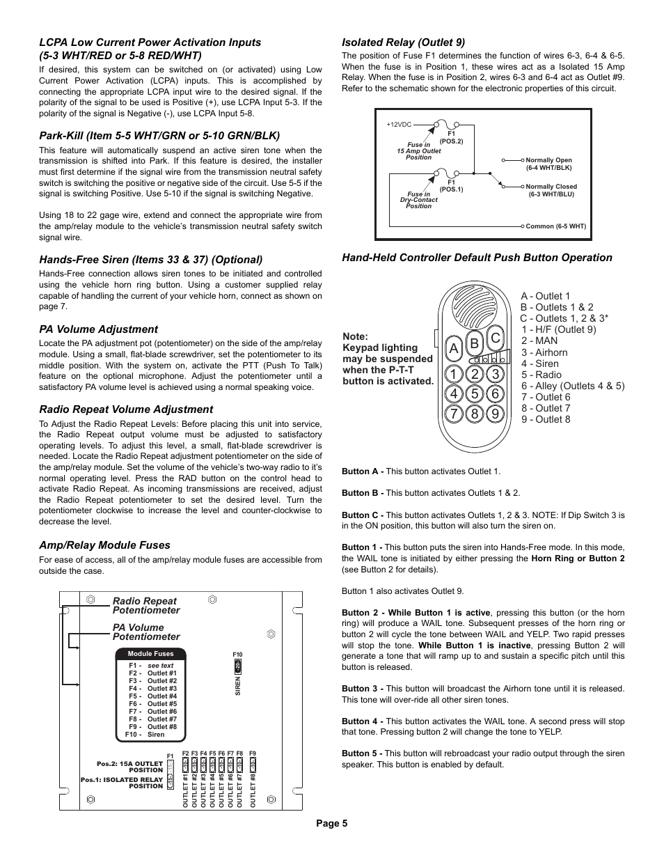 Hands-free siren (items 33 & 37) (optional), Pa volume adjustment, Radio repeat volume adjustment | Amp/relay module fuses, Isolated relay (outlet 9), Hand-held controller default push button operation | Whelen HHS2200 User Manual | Page 5 / 8