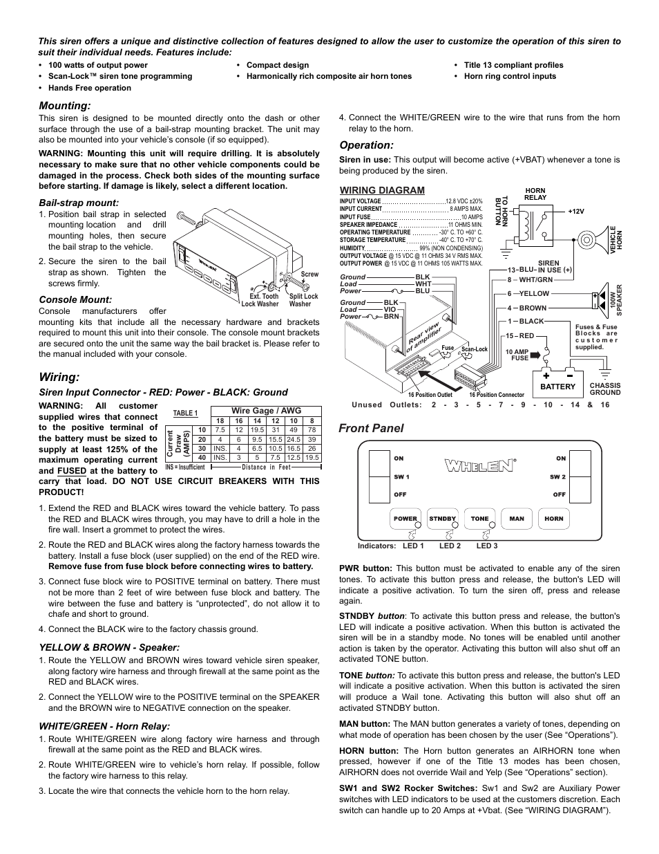 Front panel, Wiring, Mounting | Operation | Whelen GAMMA2 User Manual | Page 2 / 3