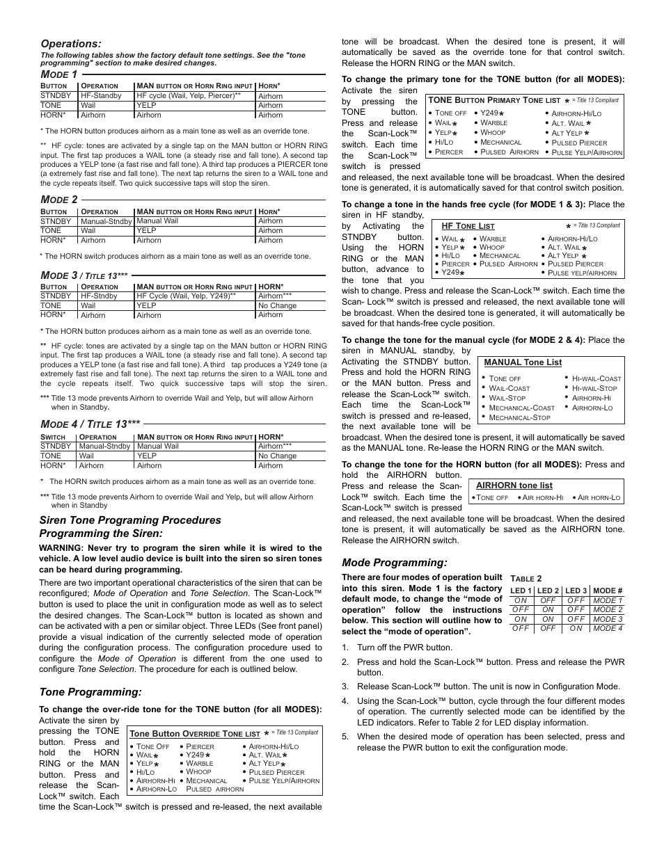 4 / t, Tone programming, Mode programming | Page 3 | Whelen GAMMA2 User Manual | Page 3 / 3