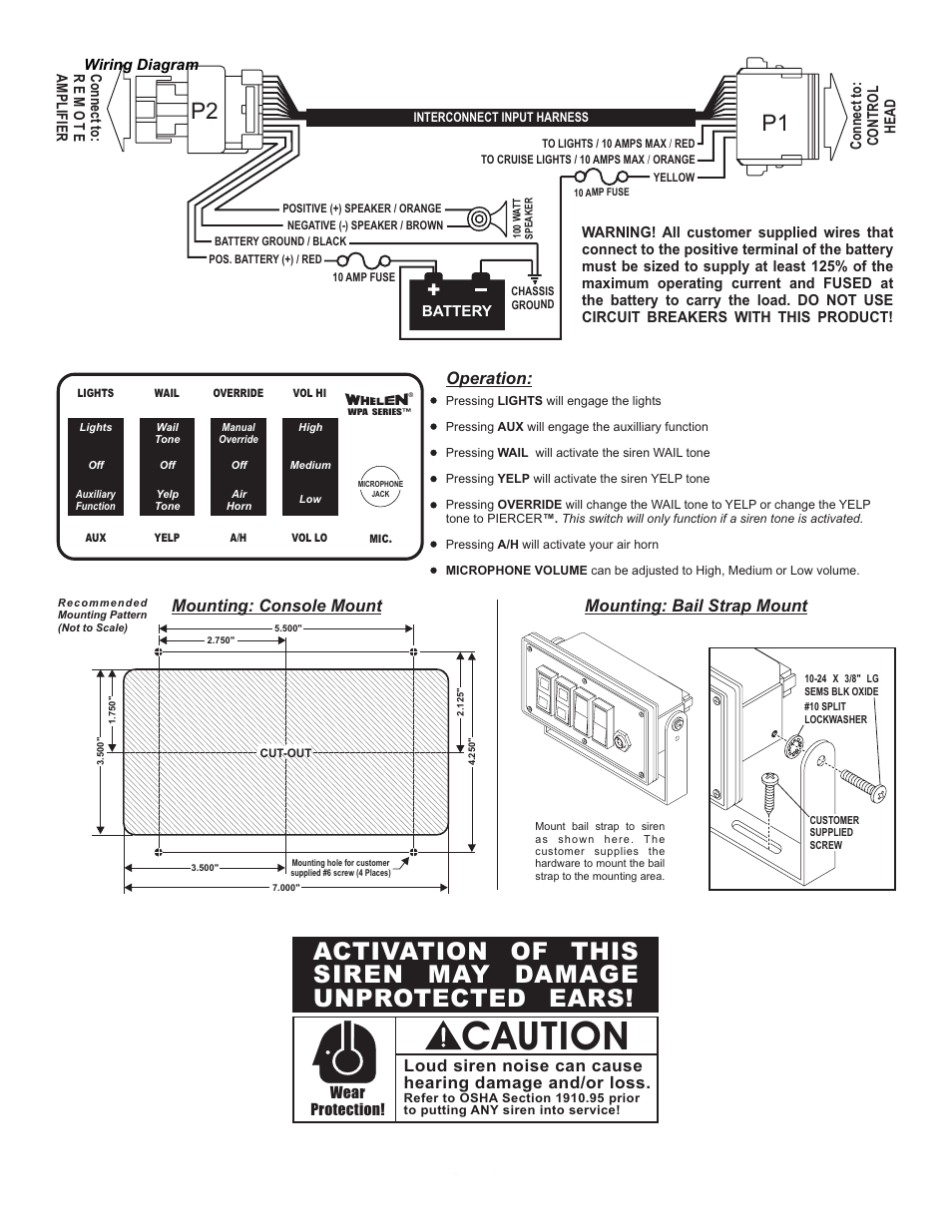 Caution, P1 p2, Mounting: bail strap mount mounting: console mount | Operation | Whelen WPA3BM User Manual | Page 2 / 2