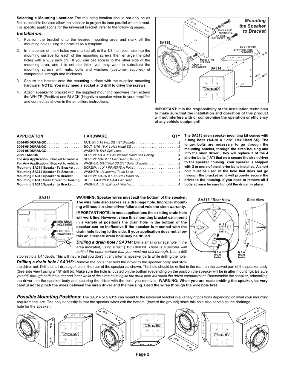 Possible mounting positions, Mounting the speaker to bracket, Installation | Whelen SABKT1 User Manual | Page 2 / 4