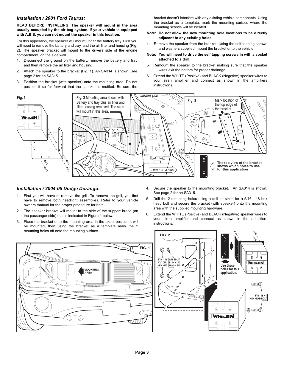 Installation / 2001 ford taurus | Whelen SABKT1 User Manual | Page 3 / 4