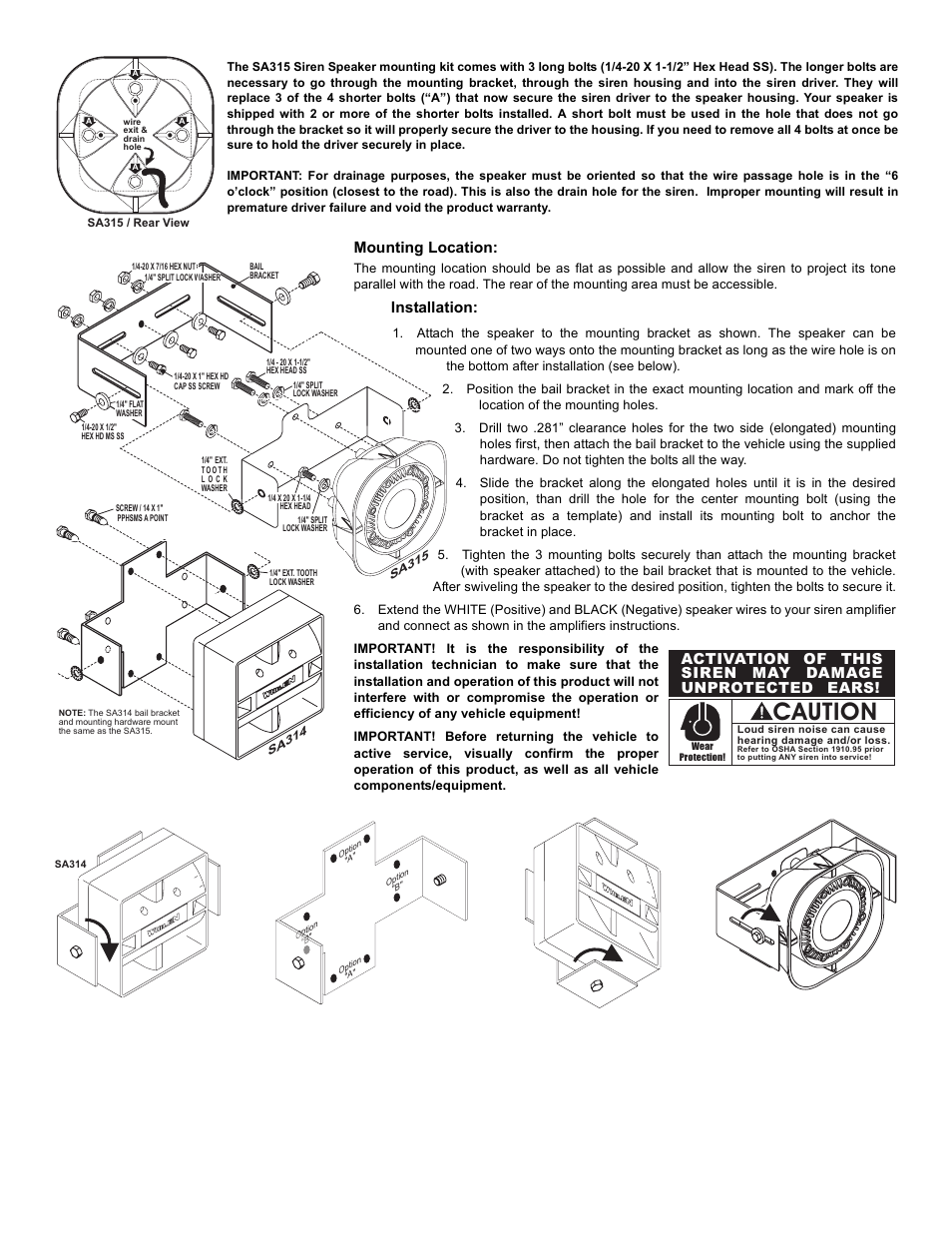 Caution, Mounting location, Installation | Page 2 | Whelen SABKT9 User Manual | Page 2 / 2