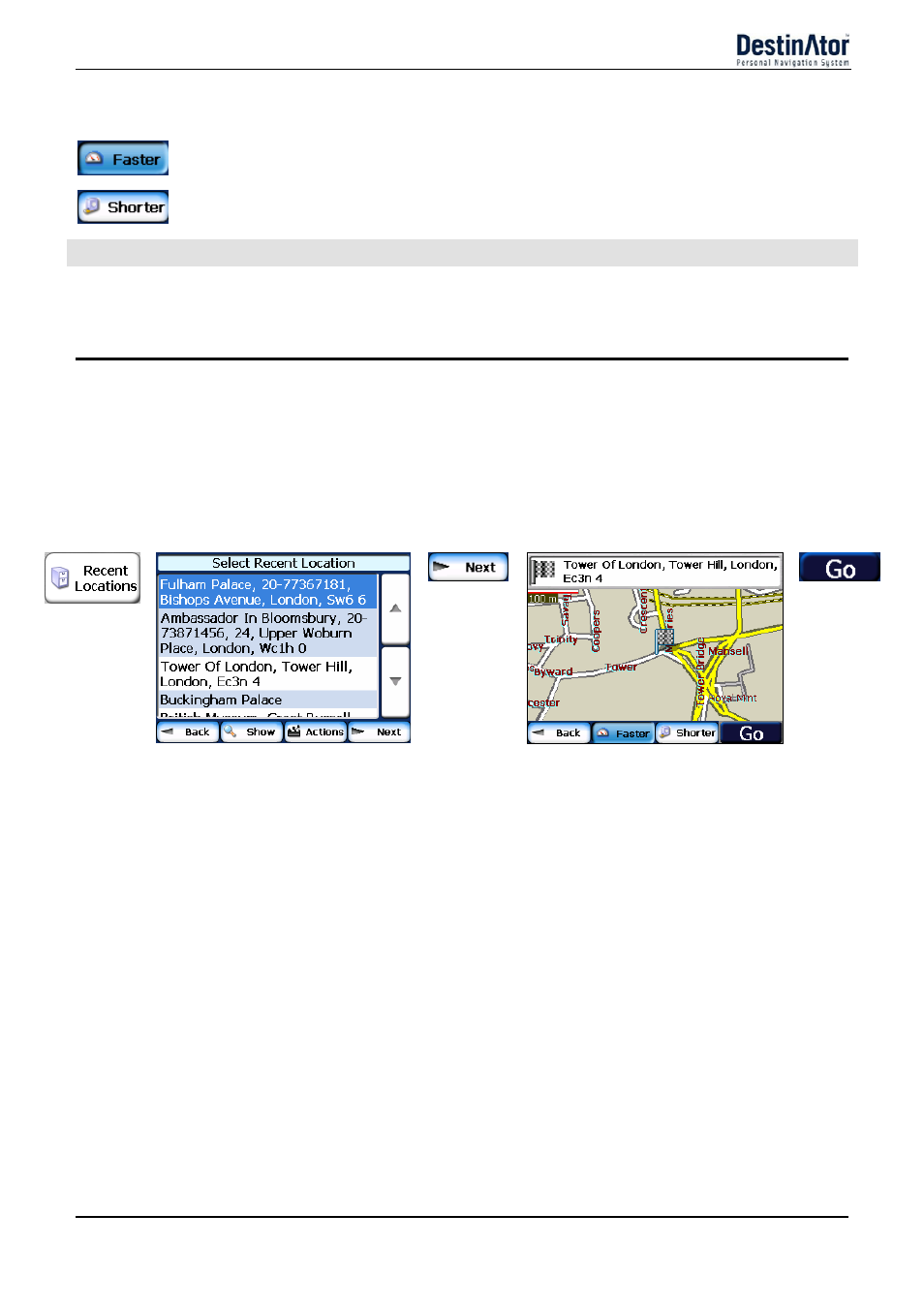 Recent locations, Set as origin, Add to my favorites | Delete item, Clear list, Information | Daewoo DPN-3500 User Manual | Page 30 / 62