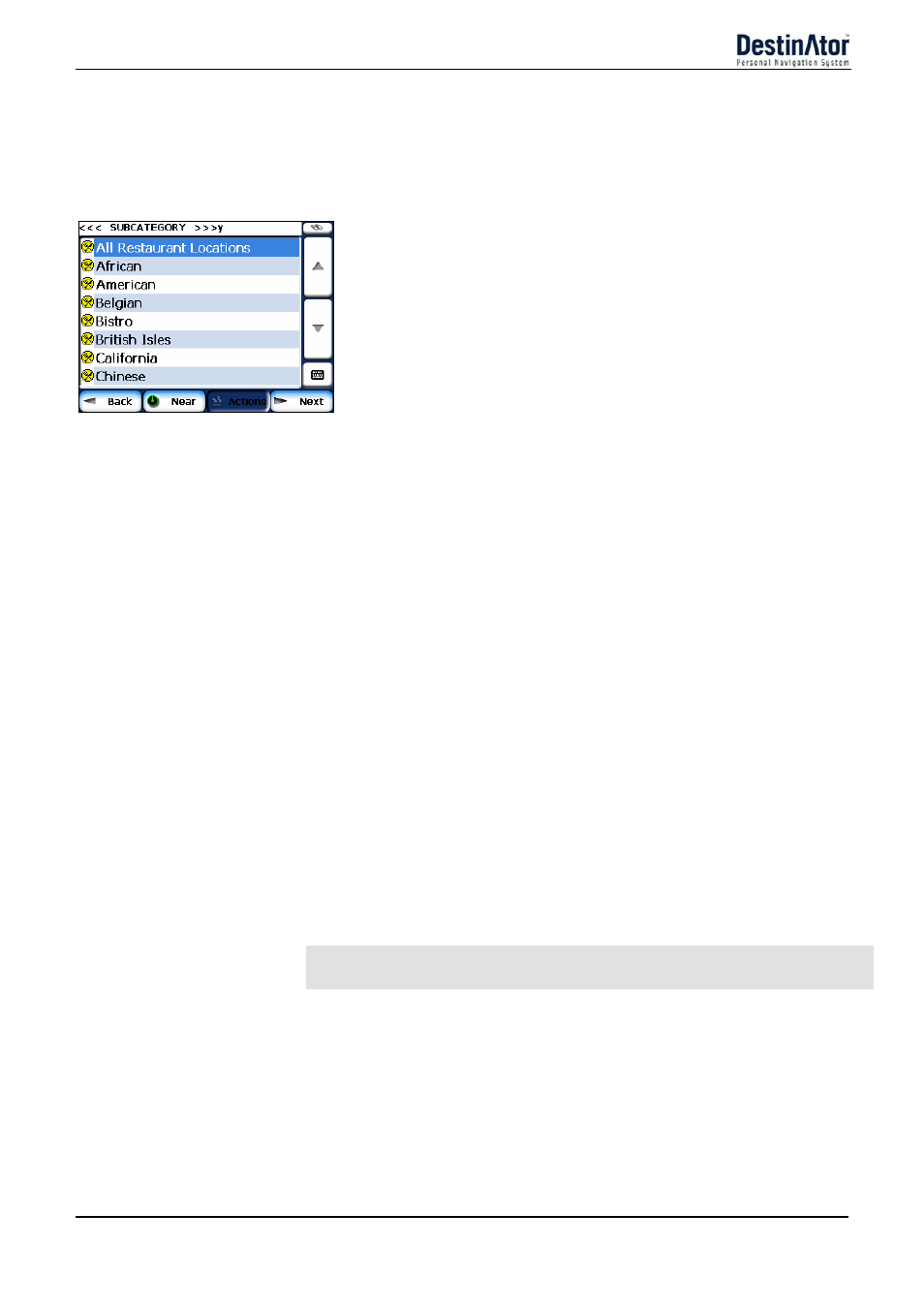 Subcategories, Search near a location, Current location | Destination, Other address, Search radius, Show or hide symbol on map | Daewoo DPN-3500 User Manual | Page 35 / 62