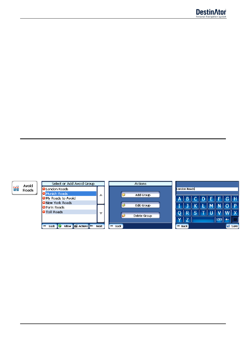 Avoid roads, Stop actions, Avoid road groups | Set as origin, Add stop, Rename stop, Delete stop, Optimize route, Information, Add group | Daewoo DPN-3500 User Manual | Page 41 / 62