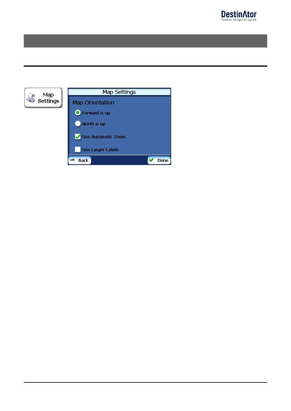 5 - settings, Map orientation, Use automatic zoom | Use larger print | Daewoo DPN-3500 User Manual | Page 45 / 62