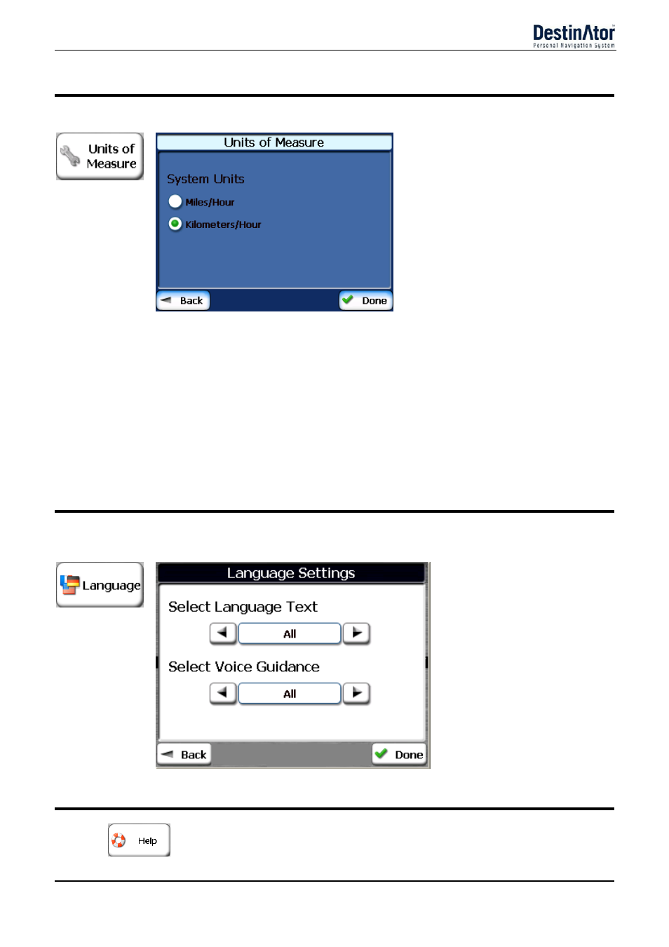 Units of measure, Language settings, Help | System units, About | Daewoo DPN-3500 User Manual | Page 48 / 62