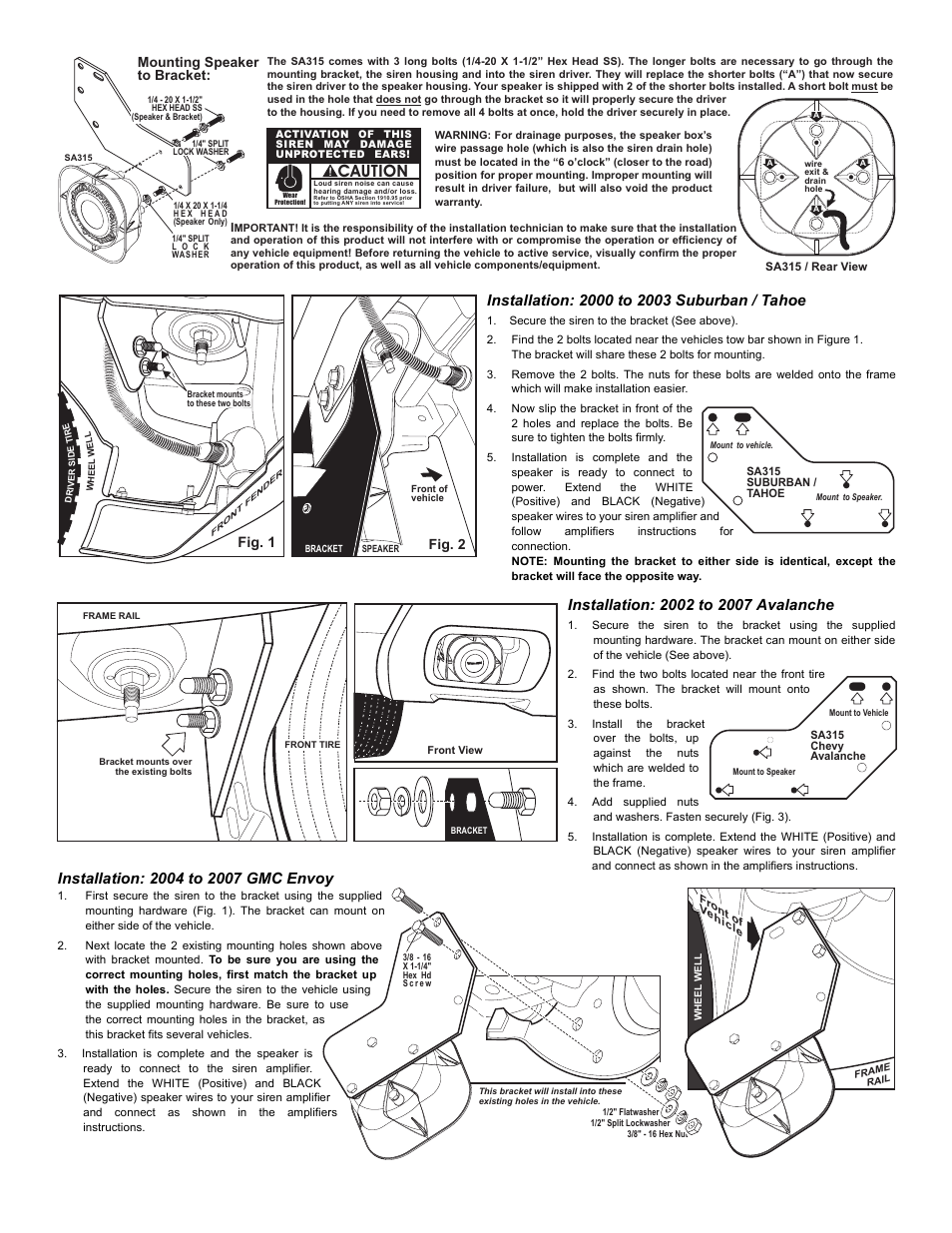 Caution, Page 2, Fig. 1 | Fig. 2, Mounting speaker to bracket | Whelen SAK5 User Manual | Page 2 / 2