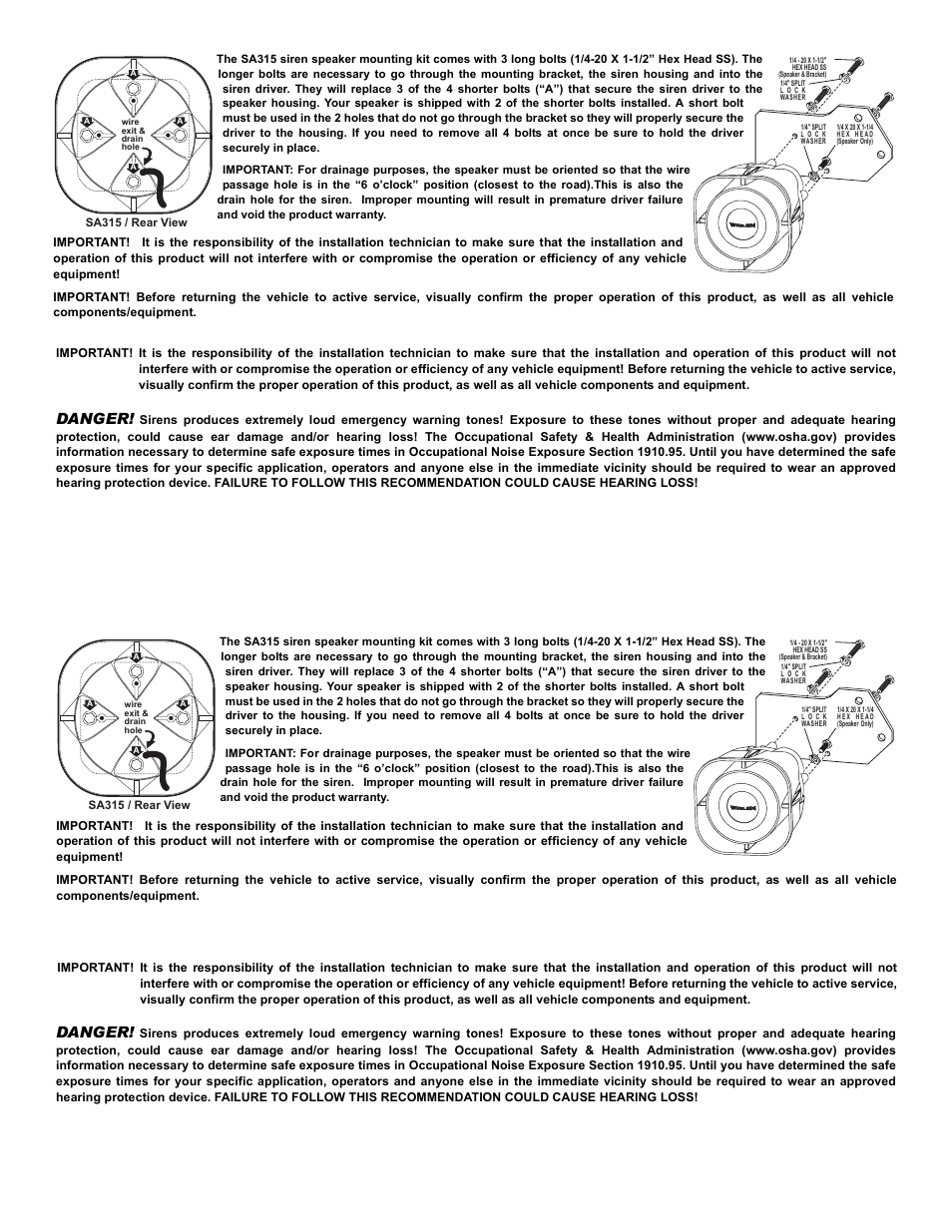 Danger, Page 2 | Whelen SAK11 User Manual | Page 2 / 2