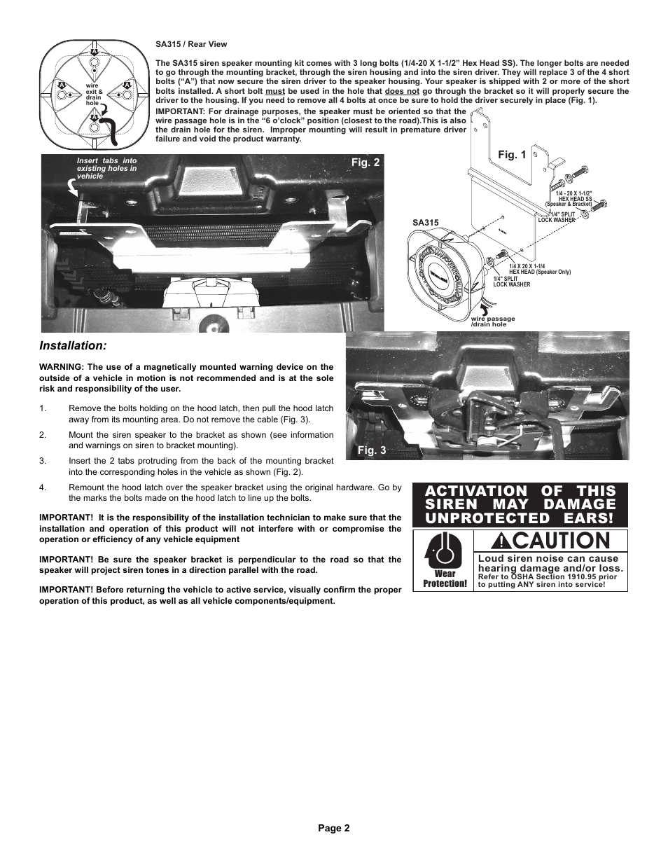 Caution, Installation, Fig. 2 fig. 1 | Fig. 3 | Whelen SAK23 User Manual | Page 2 / 2