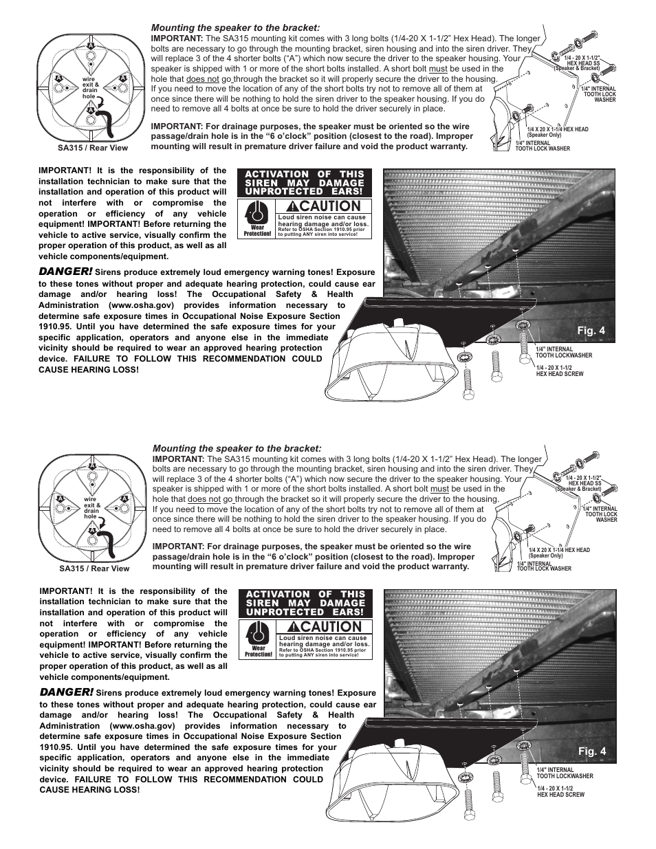 Caution, Fig. 4, Danger | Page 2, Mounting the speaker to the bracket | Whelen SAK24 User Manual | Page 2 / 2