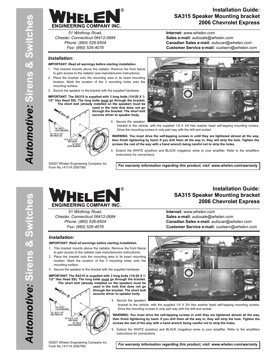 Whelen SAK25 User Manual | 2 pages