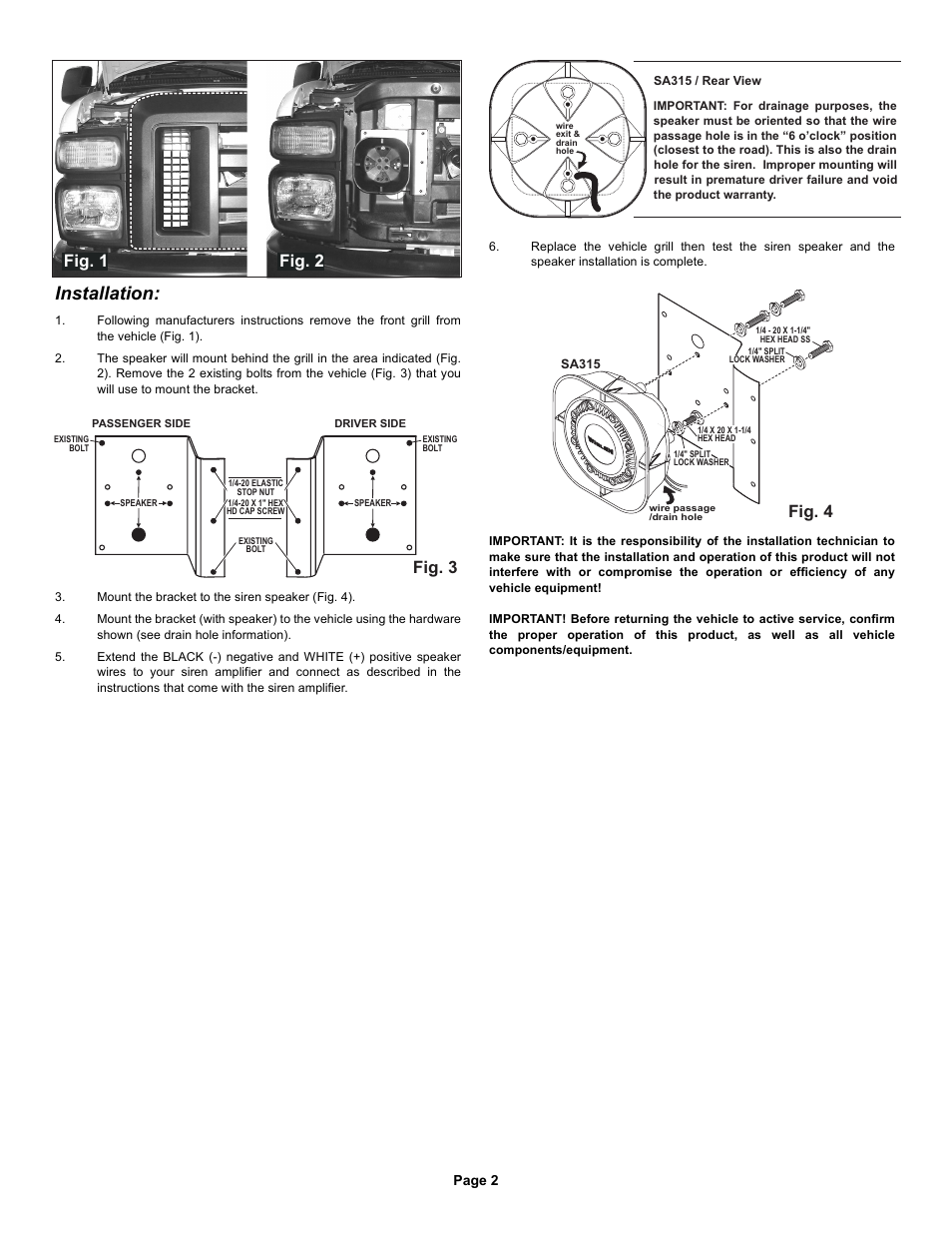 Installation, Fig. 3, Fig. 4 | Fig. 1 fig. 2 | Whelen SAK32 User Manual | Page 2 / 2