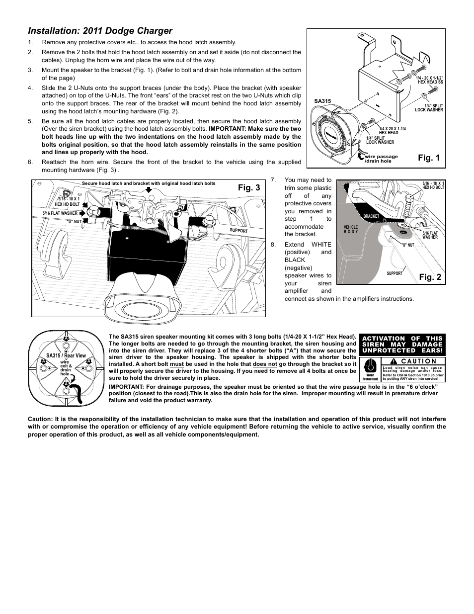 Installation: 2011 dodge charger, Fig. 1, Fig. 2 | Fig. 3, Page 2 | Whelen SAK37 User Manual | Page 2 / 2