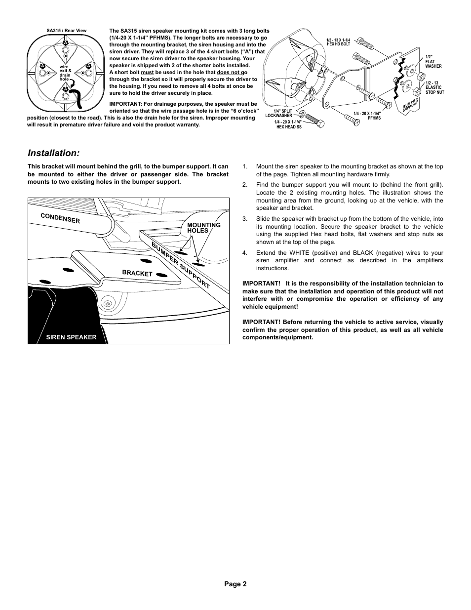 Installation, Page 2 | Whelen SAK42 User Manual | Page 2 / 2