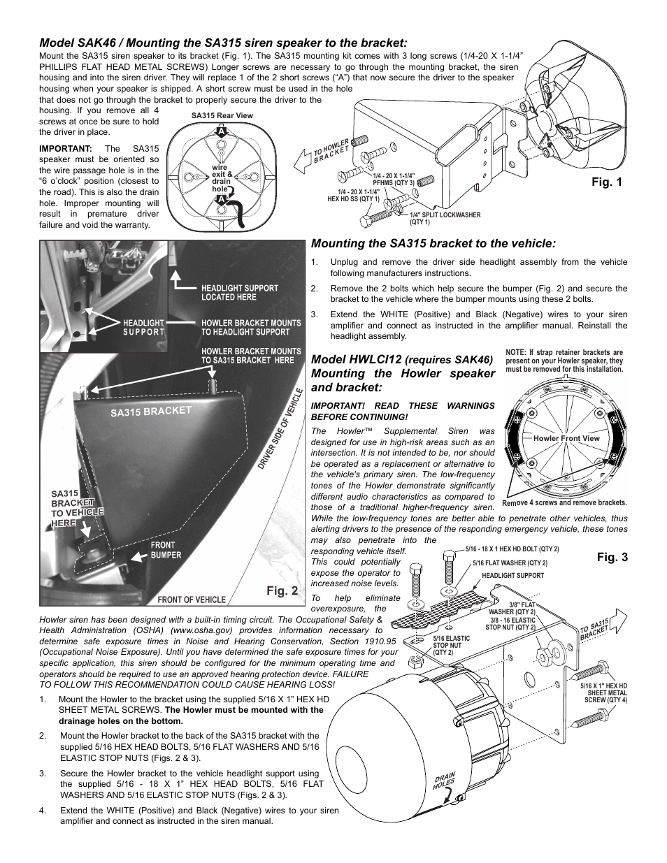 Model hwlci12, Mounting the howler speaker and bracket | Whelen SAK46 User Manual | Page 2 / 2