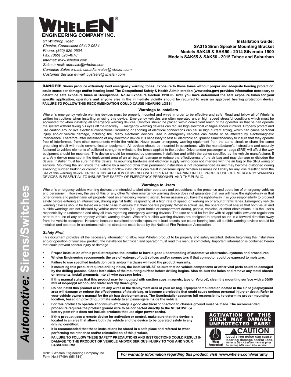 Whelen SAK49 User Manual | 3 pages