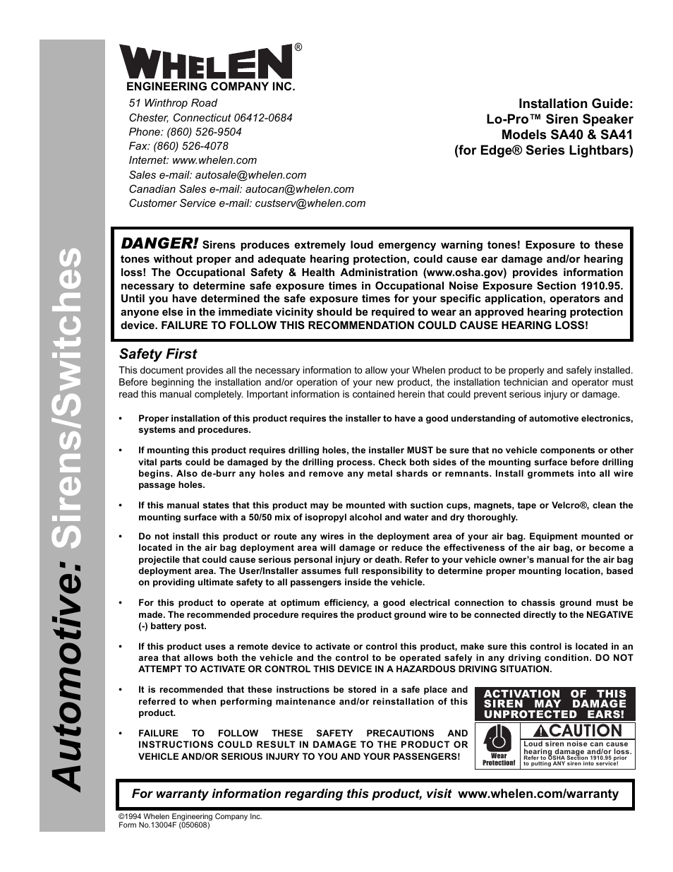 Whelen SA40 User Manual | 2 pages