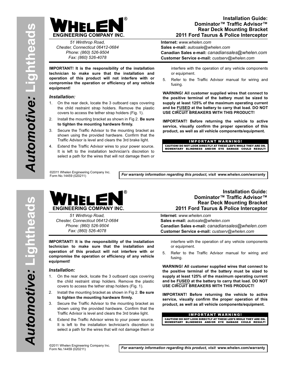 Whelen TADP8FT User Manual | 2 pages