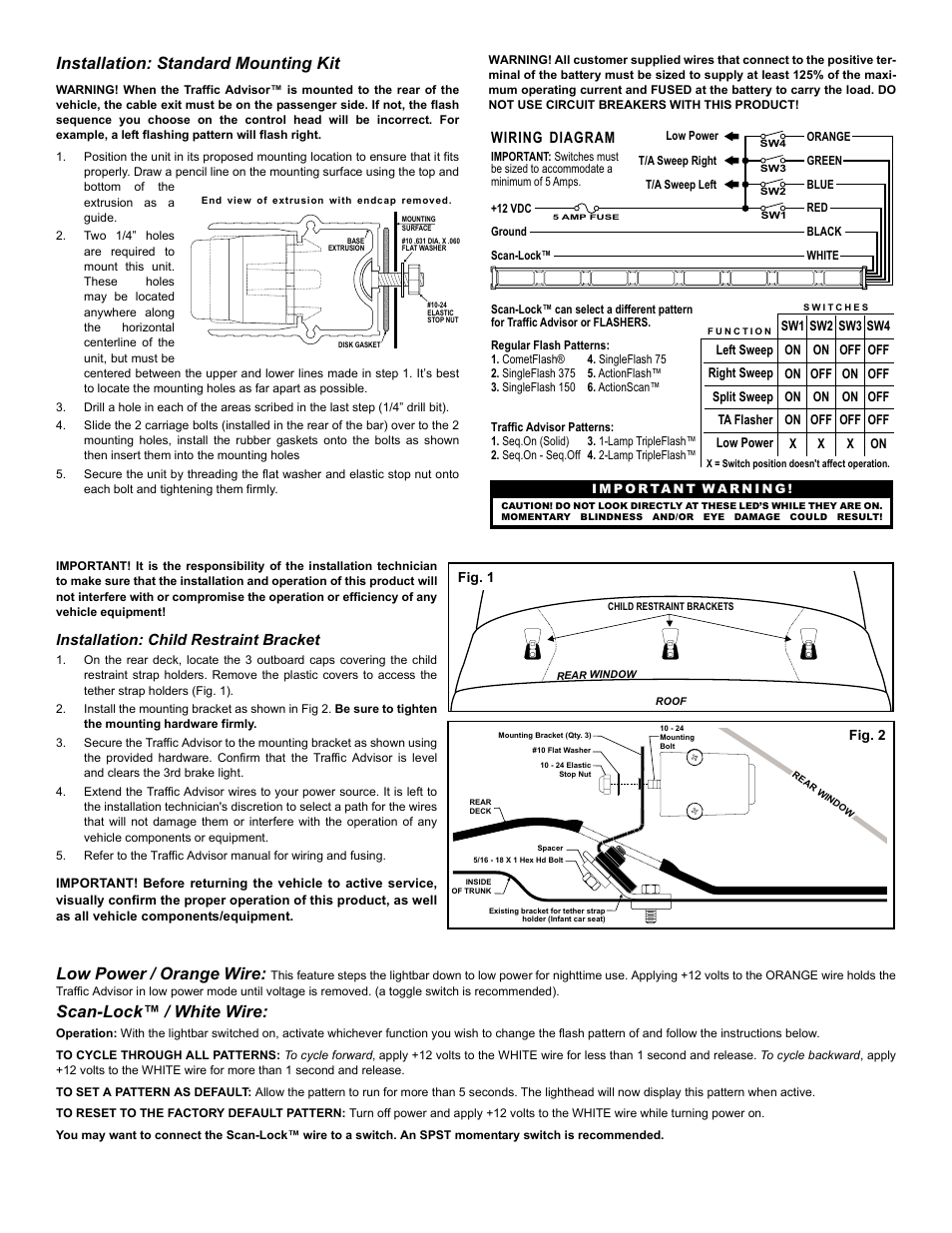 Installation: standard mounting kit, Low power / orange wire, Scan-lock™ / white wire | Wiring diagram, Installation: child restraint bracket | Whelen TADP8FT User Manual | Page 2 / 3