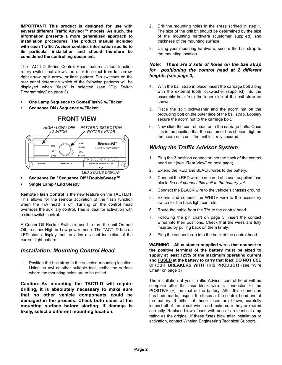 Front view, Installation: mounting control head, Wiring the traffic advisor system | Whelen TAM63 User Manual | Page 2 / 3