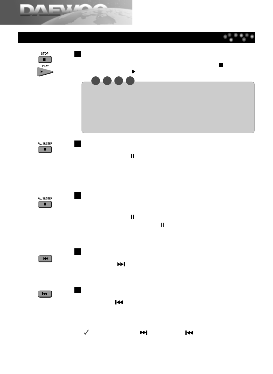 Special play, Pause (still picture), Resume play | Step by step screen {dvd, Skip forward, Skip back | Daewoo DDQ-20L6SC User Manual | Page 28 / 59